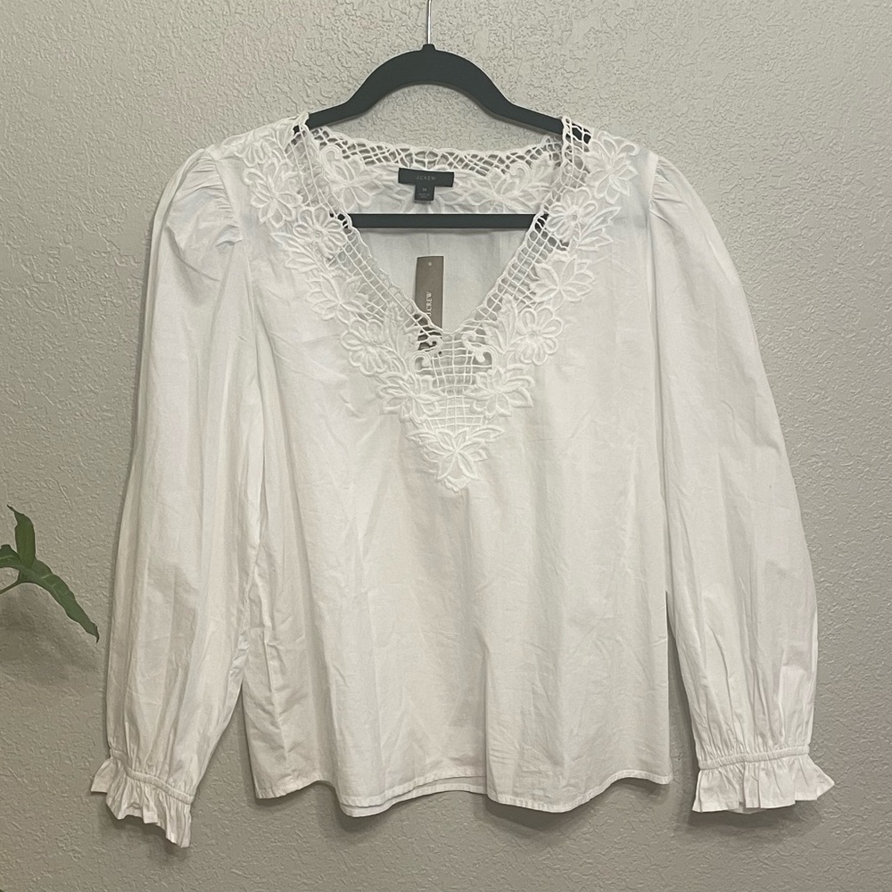 J. CREW V-neck Eyelet Trim White Blouse Top 100% Cotton Size Medium